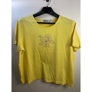 Shenanigans Yellow Cotton T-Shirt with Rhinestone Floral Design‎ 2X